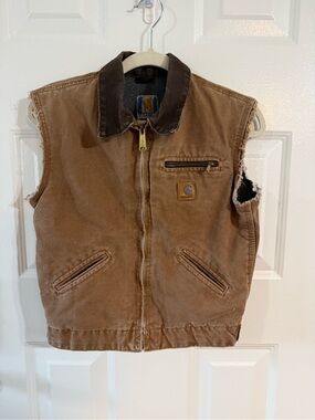 Vintage Carhartt YYJ97 BRN Detroit Jacket Vest Brown Distressed Youth L 10/12